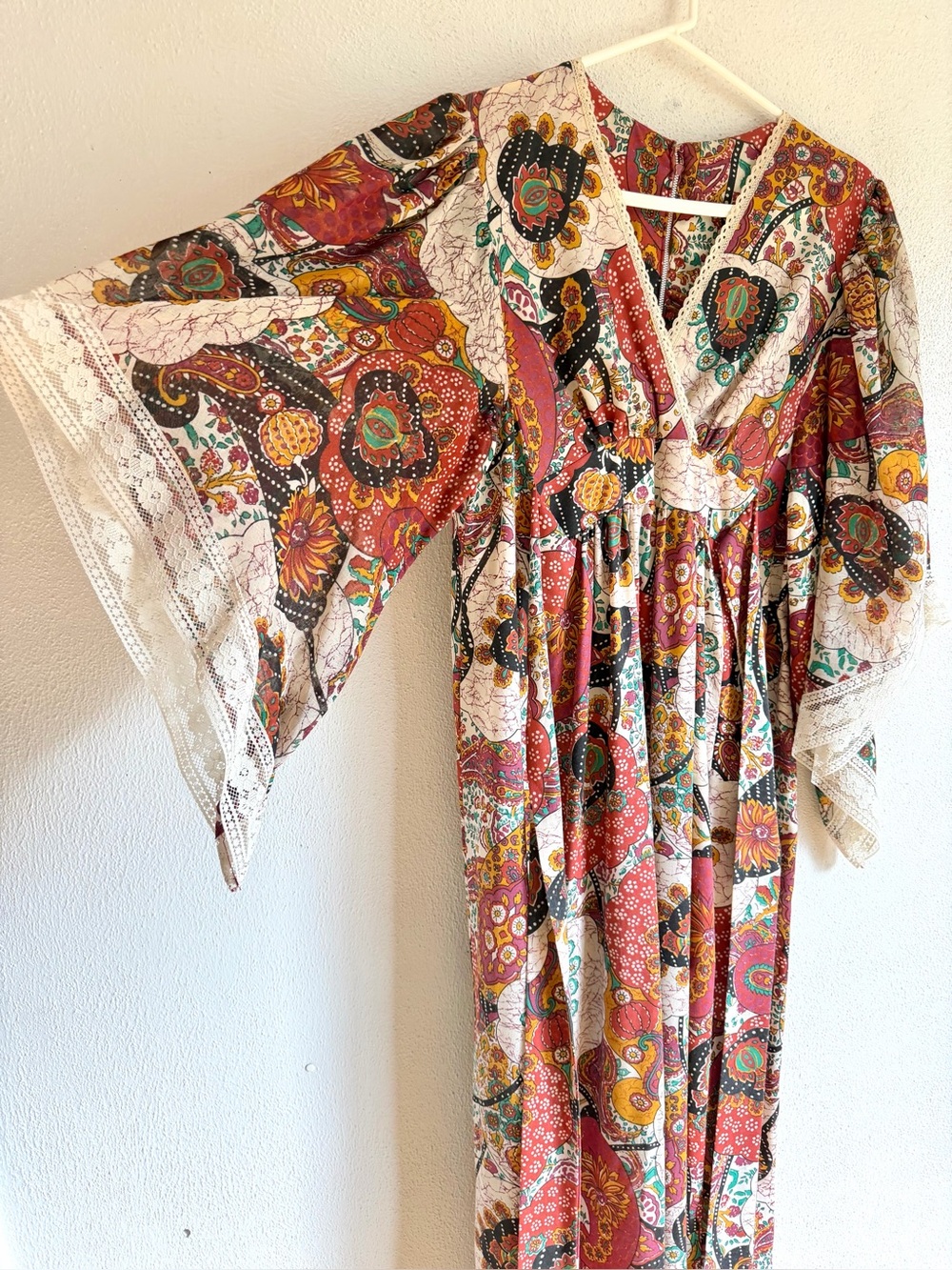 1970s VINTAGE DRESS Long Flared Sleeve Caftan Lace Hippie Festival Free Spirit